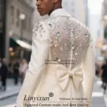 Fashion Men Suits With Bow High End Metal Embellished Slim Customized Ropa Hombre Groom Tuxedos 2 Pieces Sets Party Prom Blazer