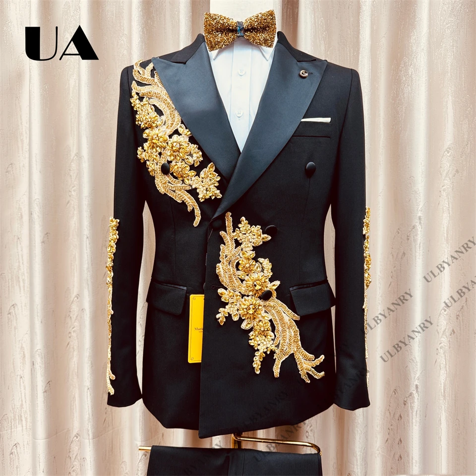 Mens Luxury Formal Suit Jacket & Pants, Gold Appliques Single-Breasted Suit Blazer with Black Trousers Events Prom Suit Attire - Image 5