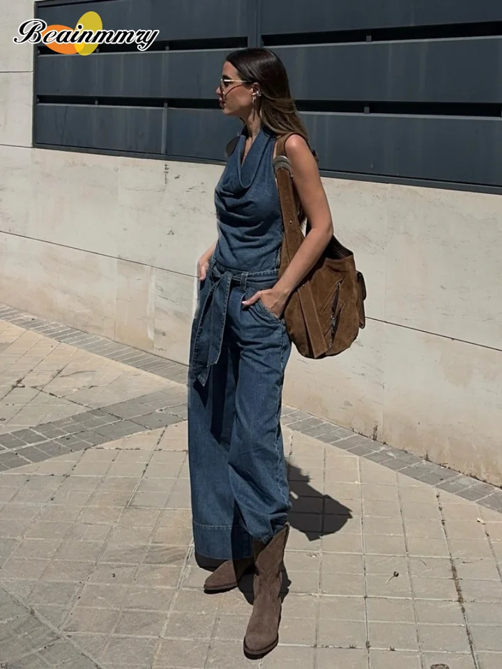 Women's Blue Denim Halter Jumpsuit Cute Fashion Loose Fit Belted Denim Halter Overalls 2026 Lady Summer Cozy Weekend Outfits - Image 3