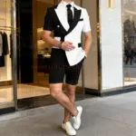 Summer New Design Patchwork Men Suit Sets 2 Piecs Fashion Short Sleeves Blazer Shorts Pants Daily Beach Wedding Party Prom Suit