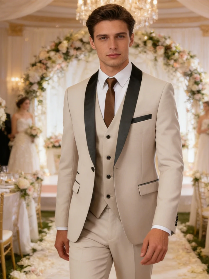 Men's 3 Piece Tuxedo Suit Set One Button Satin Shawl Lapel Slim Fit Blazer Vest Pants For Formal Business Wedding Groom - Image 5