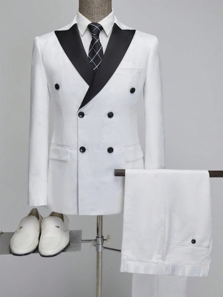 Men's Jacquard 2 Piece Suits Slim Fit Double Breasted Suit Jacket Pants Set Casual Wedding Casual Business - Image 3