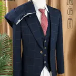 high quality 3 Piece Checkered Suit Set dark blue Stylish Business Office Wedding Formal Outfit Elegant full man dinner suit