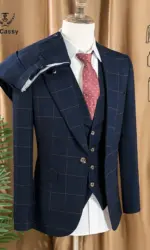 high quality 3 Piece Checkered Suit Set dark blue Stylish Business Office Wedding Formal Outfit Elegant full man dinner suit