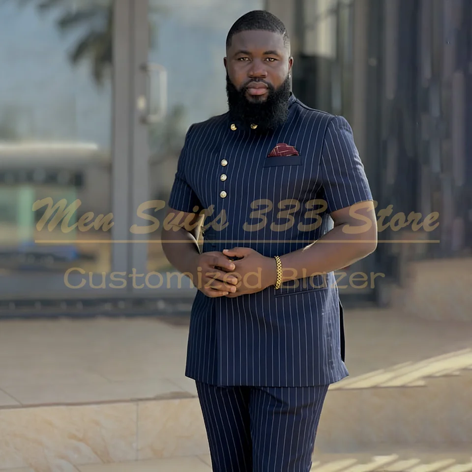 Navy Blue Stripe Men's Suits Luxury Single Breasted Stand Lapel Slim 2 Piece Jacket Pants Business Full Sets Costume Homme