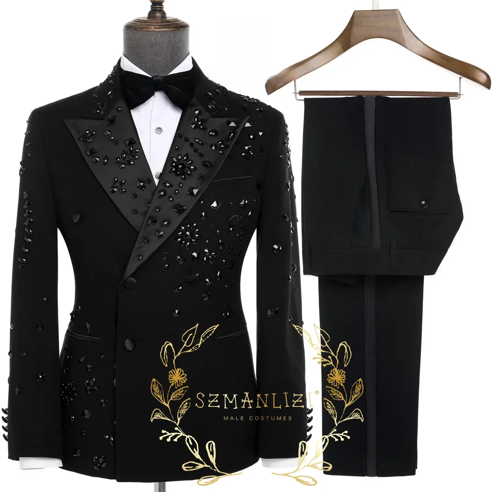 Luxury Gold Crystal 2 Pieces Men's Suits Double Breasted Black Suits Tuxedo Blazer for Wedding Groom Business Dinner Party Suits - Image 2