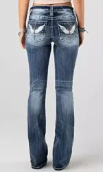 Women Embroidery Pockets Distressed Jeans Mid Waist Stretch Slim Fit Pants Vintage Denim Trousers Autumn Female Streetwear