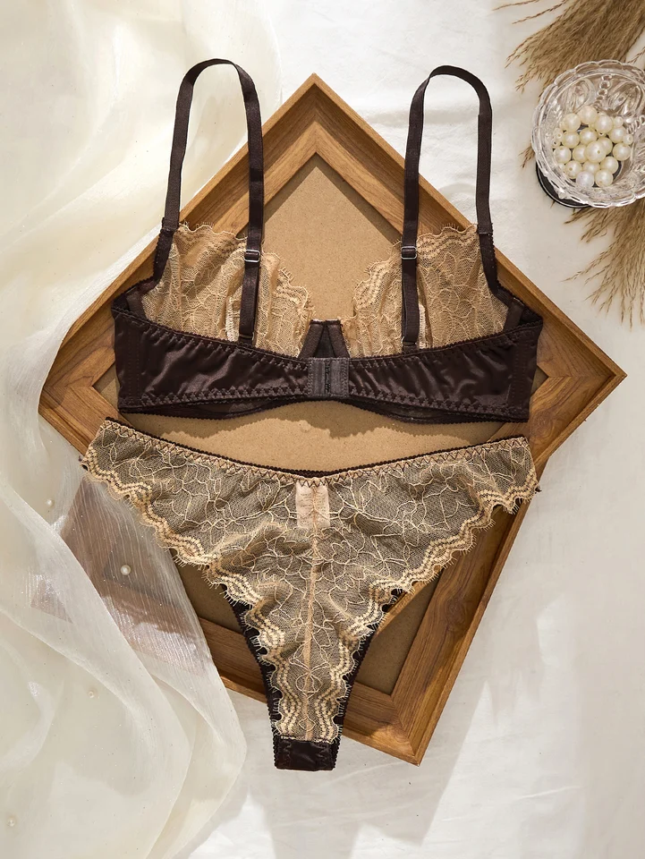 Sexy Lace Flowers Embroidery Lingerie Set for Women Ultra Thin Breathable Bra Button Decoration Underwear French Bras Thong Sets - Image 5