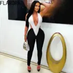 FLARORA Sexy Halter Hollow Out Jumpsuits Woman Color Blocking V-Neck Sleeveless Backless Skinny Midnight Party Clubwear Overalls