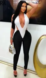 FLARORA Sexy Halter Hollow Out Jumpsuits Woman Color Blocking V-Neck Sleeveless Backless Skinny Midnight Party Clubwear Overalls