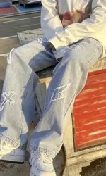 Men's jeans patch lightning jeans men's loose jeans worn-out jeans