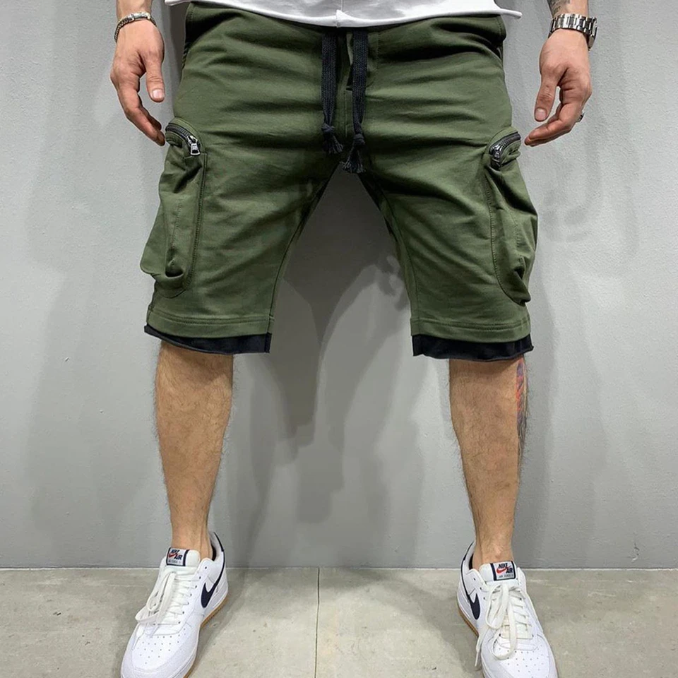 Mens Summer Cargo Shorts Cotton Workout Fitness Shorts Breathable Jogger Training Gyms Bodybuilding Multi Pocket Yellow Shorts - Image 2