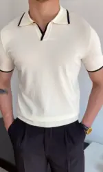 Men's Polo Shirt Elbow-Sleeved T-shirt Fashion Polo Collar Slim-Fit Men Clothing Woolen Sports Polo Tee Shirt Man Golf Shirt EUR