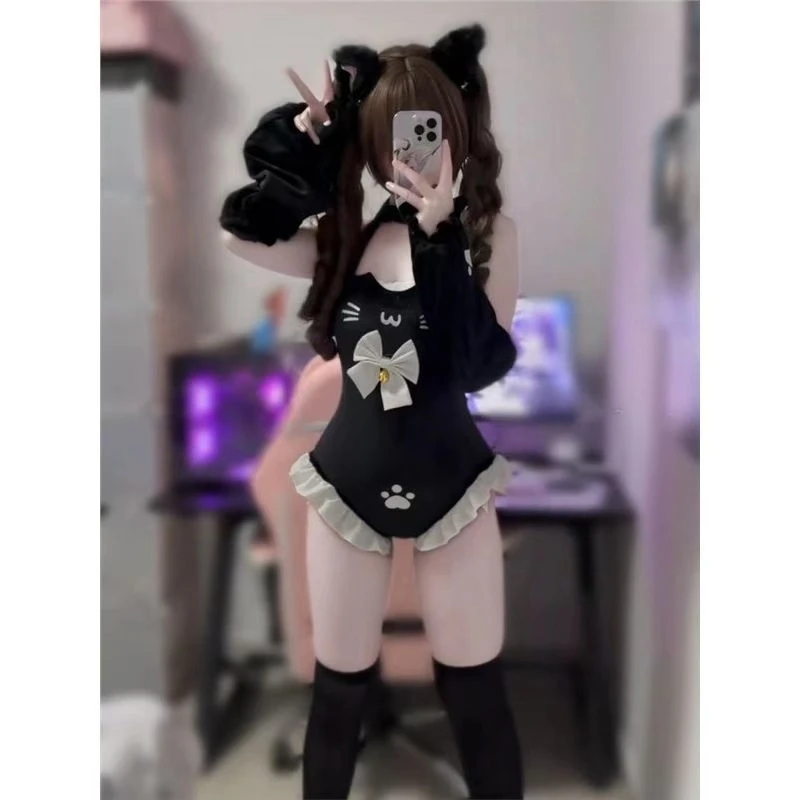 Japanese Cat Kawaii One-Piece With Bell & Bow + Arm Sleeve Cute Halter Top Bodycon Sexy Hot Girl Lace Trim Set Spring Summer - Image 4