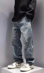 New Men's Ripped Jeans Baggy Straight Fashion Vintage Blue Denim Pants Personality Streetwear Hip Hop High Quality Male Trousers