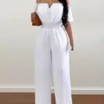 Jumpsuits for Women 2025 Spring Fashion Off Shoulder Casual Plain Short Sleeve Shirred Waist Daily Long Wide Leg Jumpsuit 2025