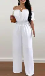 Jumpsuits for Women 2025 Spring Fashion Off Shoulder Casual Plain Short Sleeve Shirred Waist Daily Long Wide Leg Jumpsuit 2025
