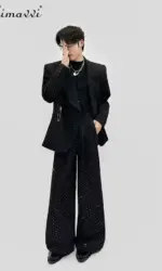 Fashion High-End Men's Suit Beaded Rivet Long Sleeve Short Blazers High-Waisted Flared Pants Business Two-Piece Sets Men Autumn