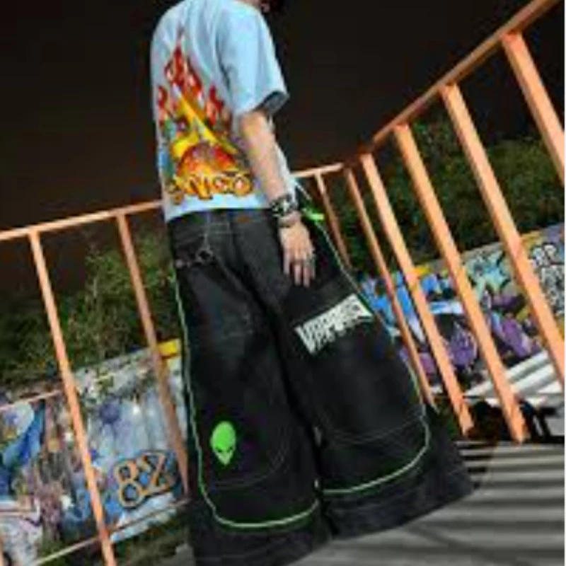 2025 European and American autumn winter jeans casual wide-leg Harajuku alien pattern trousers hip-hop high street gothic jeans - Image 2