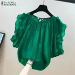 ZANZEA Women Cold Off Shoulder Blouse Fashion Ruffle Half Sleeve Tops Chic Back Straps Pleated Tunic Summer Casual Loose Shirts