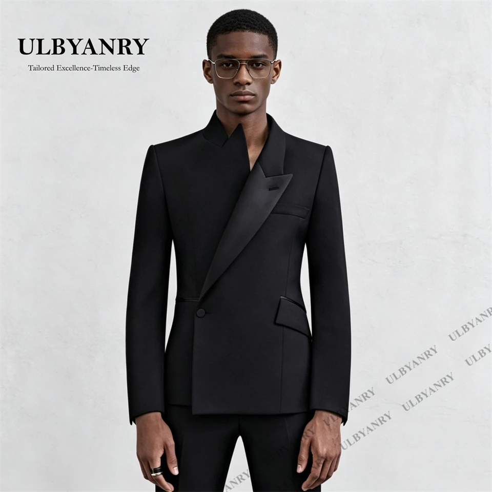 ULBYANRY Custom Men’s Asymmetrical Lapel One - Button Black Slim Fit 2 - Piece Suit for Wedding Business Dinner XXS-7XL Tuxedo