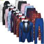 Men's Blue Jacquard Fabric Suit 3-Piece, Fashion Slim-Fit Blazer Jacket Trousers Vest, Spring  Autumn New Men Sets, Asian Size
