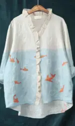 Fashion Women Fish Printed Blouses Plus Sized Office Lady Lapel Collar Button Down Long Sleeve Chic Tops Shirts Streetwear Korea