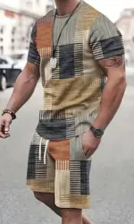 2024 Fashion Men's Sportswear Short Sleeve T Shirt And Sports Shorts Summer Casual Vintage Patchwork Suit Men's Two Piece Suit