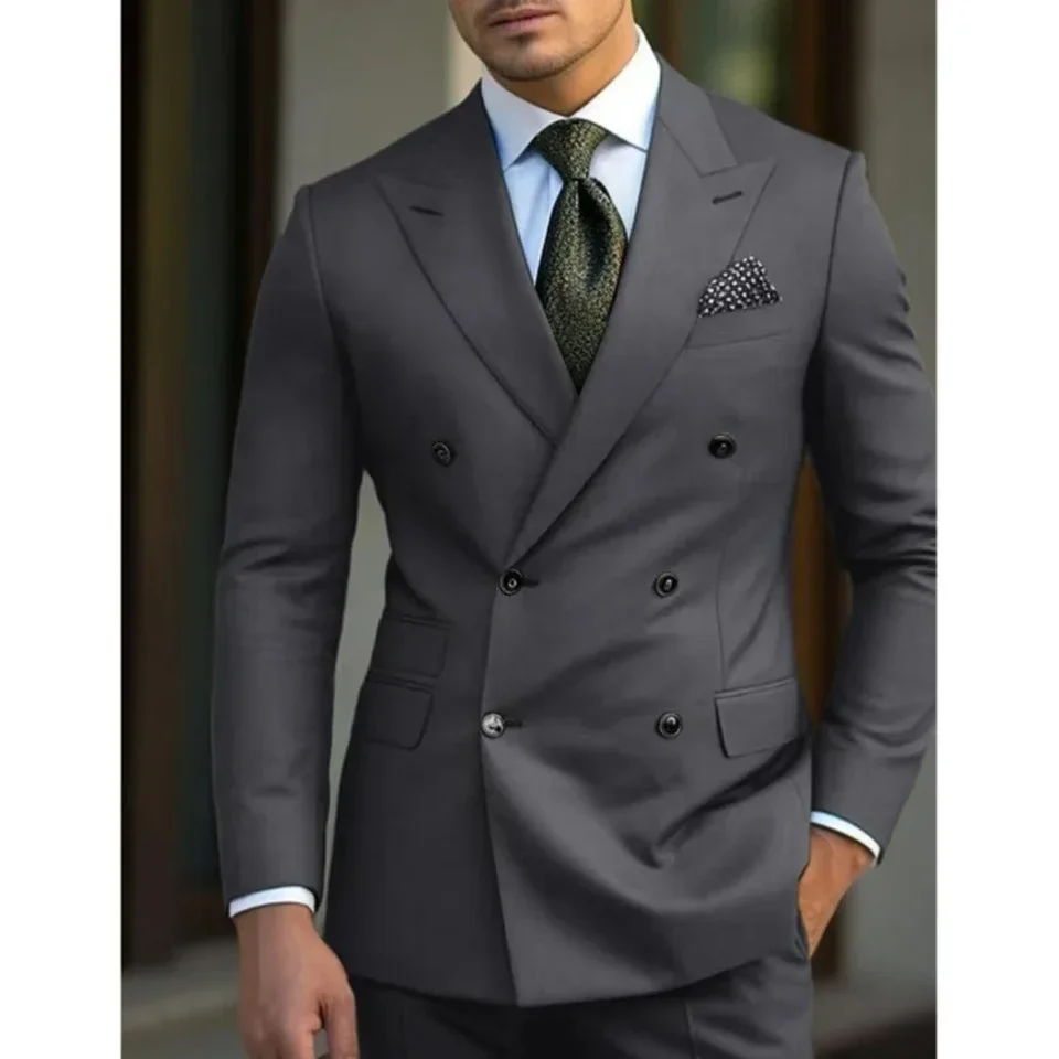 man 2 piece outfit set Pointed collar high-quality slim jackets men's suit with peak lapel for wedding Summer beach - Image 3