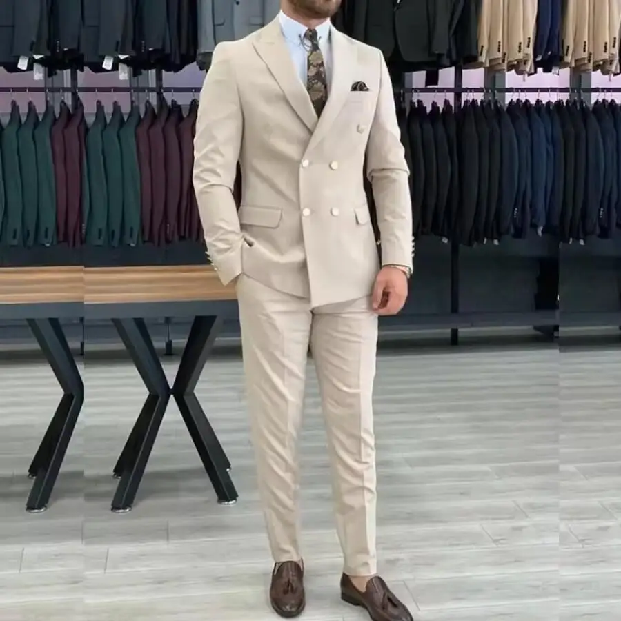 New Beige Men Suits Double Breasted Peaked Lapel Casual Wedding Party Clothing Daily 2 Piece Groom Tuxedo Jacket Pants Set 2026 - Image 2