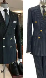 2 Piece Black Striped Men's Suit Set Golden double breasted Lapel Jacket Elastic Pants Wedding Part Prom Dinner Wrok Travel