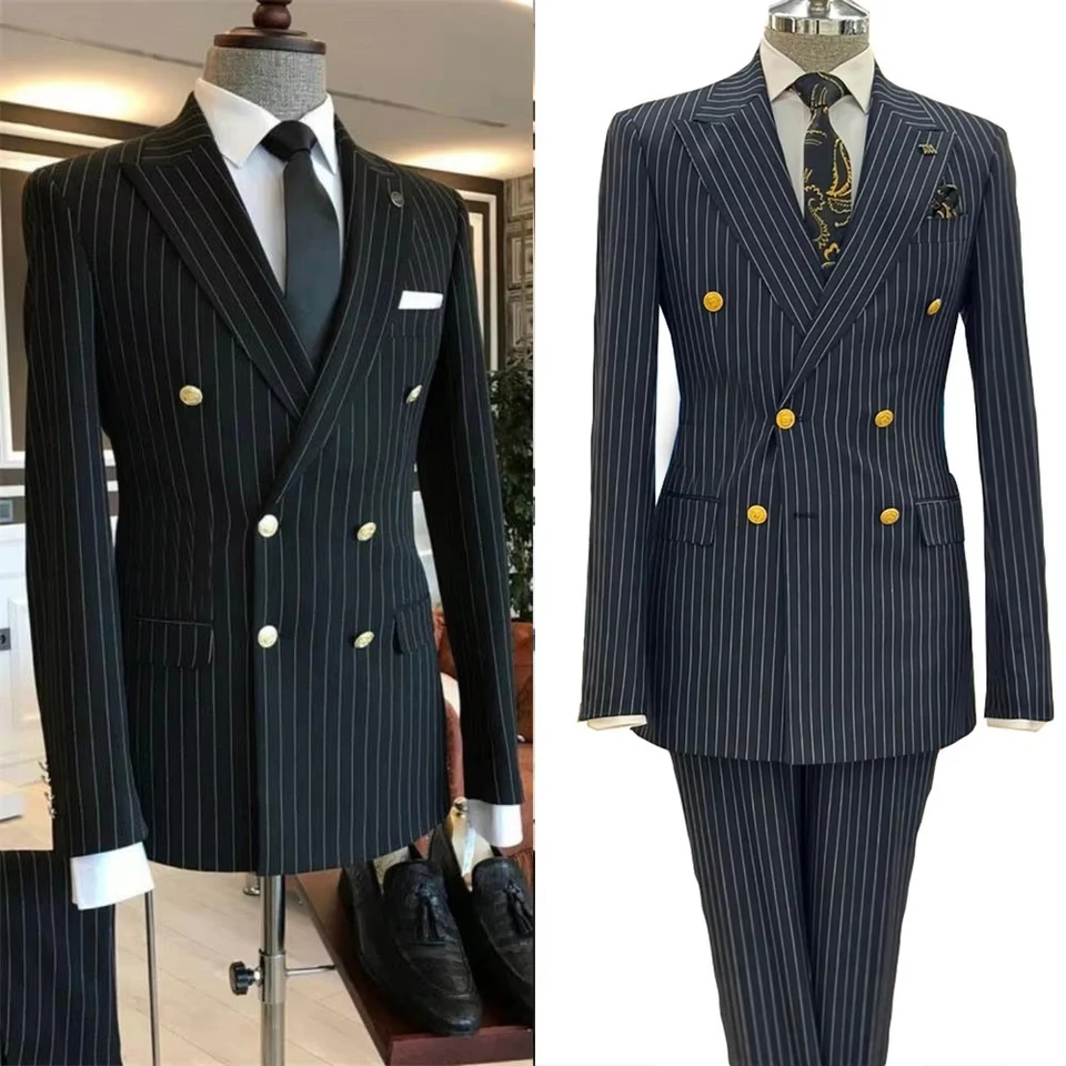 2 Piece Black Striped Men's Suit Set Golden double breasted Lapel Jacket Elastic Pants Wedding Part Prom Dinner Wrok Travel