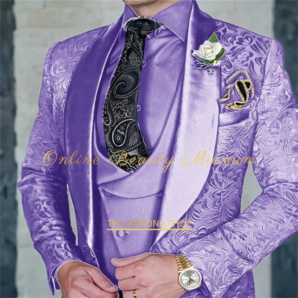 Premium Men's 3-piece Suit Jacket Vest Pants Jacquard Set Wedding Groom's Party Dress Formal Attire Elegant Customized tuxedo