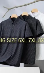 Men Polo Shirt Striped Short Sleeve Traceless Cool Thin Oversized 5XL 6XL 7XL 8XL Plus Size Elastic T Shirt Fashion High Quality