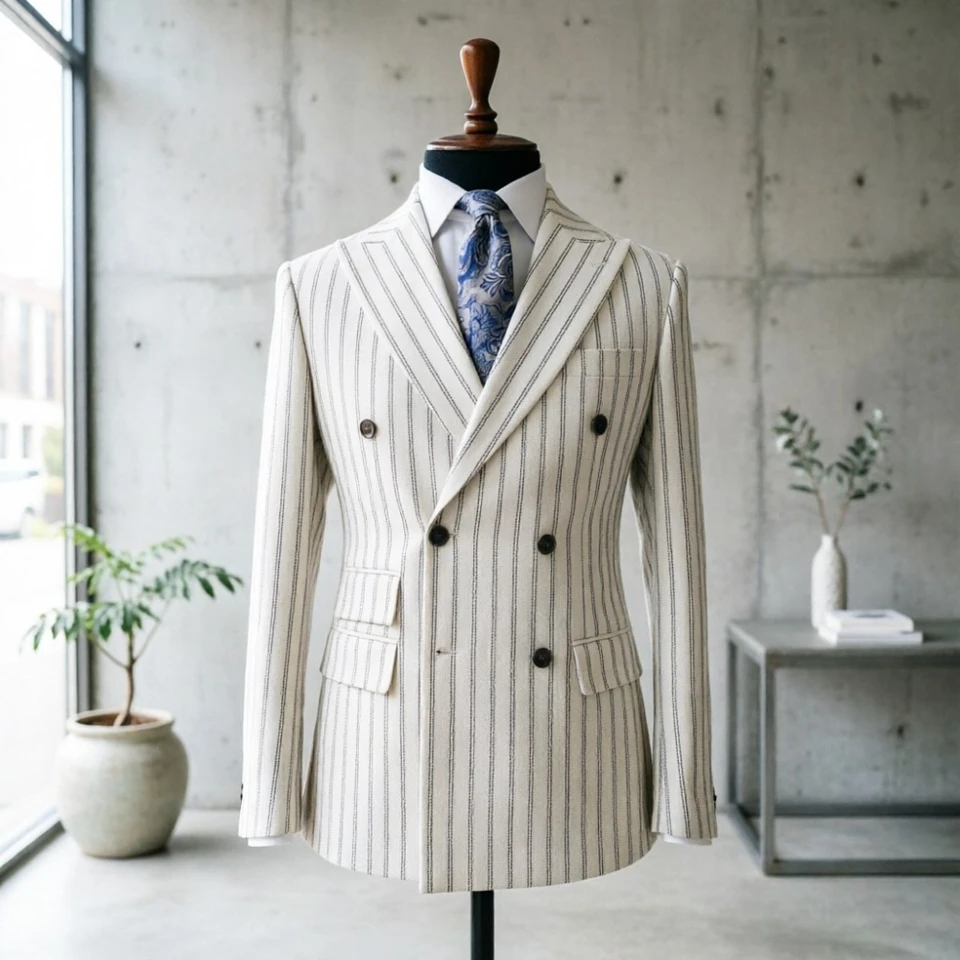 Double Breasted Striped Men Suits Men Vintage Sage Green Double Breasted Pinstripe Suit Slim Fit Formal Blazer for Groom Wedding - Image 2