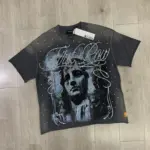 Streetwear Vintage Washed Diamond Cropped Tee for Men Crew Neck Short Sleeve Loose Cotton Rhineston Tshirts Oversized