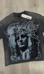 Streetwear Vintage Washed Diamond Cropped Tee for Men Crew Neck Short Sleeve Loose Cotton Rhineston Tshirts Oversized