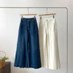 Korean Style White Denim Wide Leg Pants Women Autumn New High Waist Fashion Pockets Straight Trousers Casual Loose Denim Pants