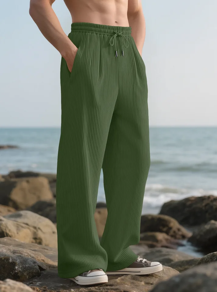 Men's Spring-Autumn Casual Comfortable Loose-Fitting Pants - Vertical Stripes Mid-Waist Wide Leg Pants - Suit Pants - Men - Image 4