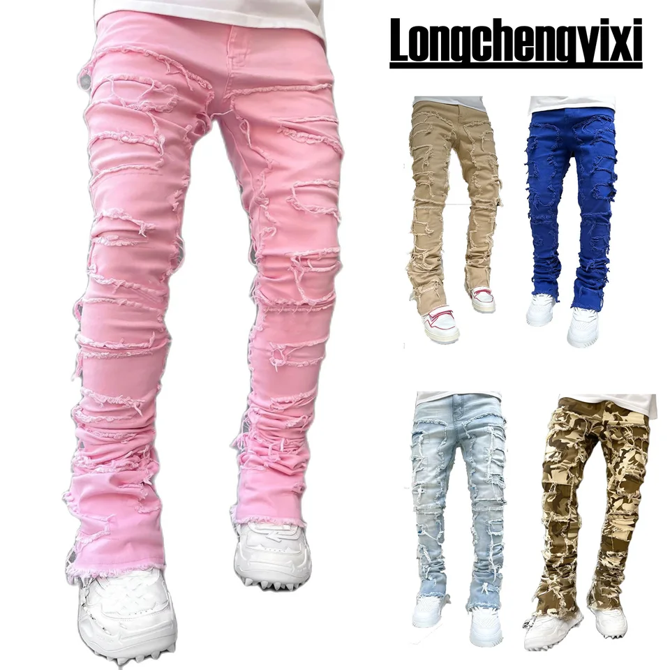 new Patch denim straight-leg pants retro jeans street fashion ins explosive style elastic new men's fashion retro denim trousers - Image 2
