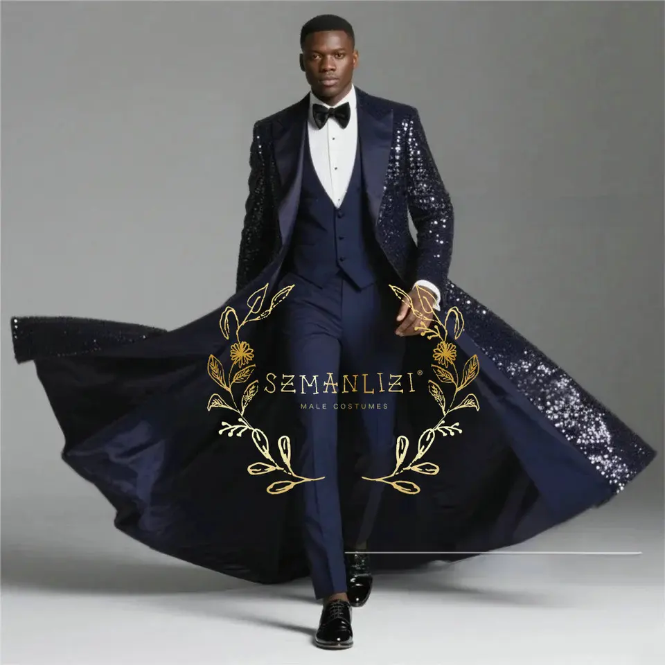 Burgundy Shiny Sequin Suits Men 3 Pieces Sets Single Breasted Groom Long Blazer Costume Homme Wedding Tuxedo Male Clothing - Image 3