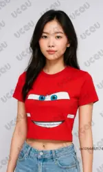 Summer New Lightning Mcqueen Print T-shirt For Women Korea Sle Short Sleeve Crop Top Streetwear Tees Vintage Casual Y2k Tops