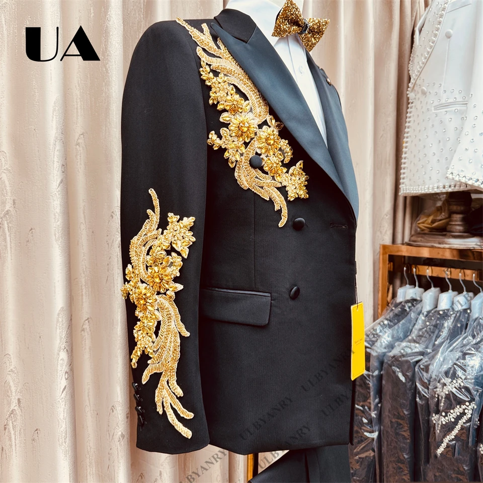 Mens Luxury Formal Suit Jacket & Pants, Gold Appliques Single-Breasted Suit Blazer with Black Trousers Events Prom Suit Attire - Image 6