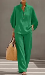 Fashion Cotton Linen Button Stand Collar 9 Quarter Sleeves Loose Women's 2-piece Suit Spring Casual Wide Leg Pants Suit Female