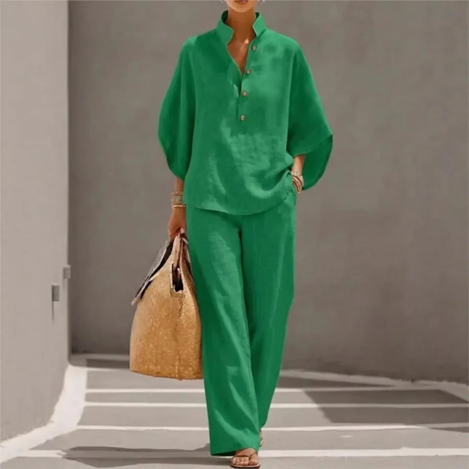 Fashion Cotton Linen Button Stand Collar 9 Quarter Sleeves Loose Women's 2-piece Suit Spring Casual Wide Leg Pants Suit Female