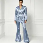 Men's Satin Suit Set 2 Piece Notch Lapel Double Breasted Gold Button Blazer Flare Pants Formal Wedding Prom Party Groom Outfit
