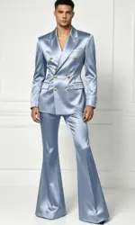 Men's Satin Suit Set 2 Piece Notch Lapel Double Breasted Gold Button Blazer Flare Pants Formal Wedding Prom Party Groom Outfit