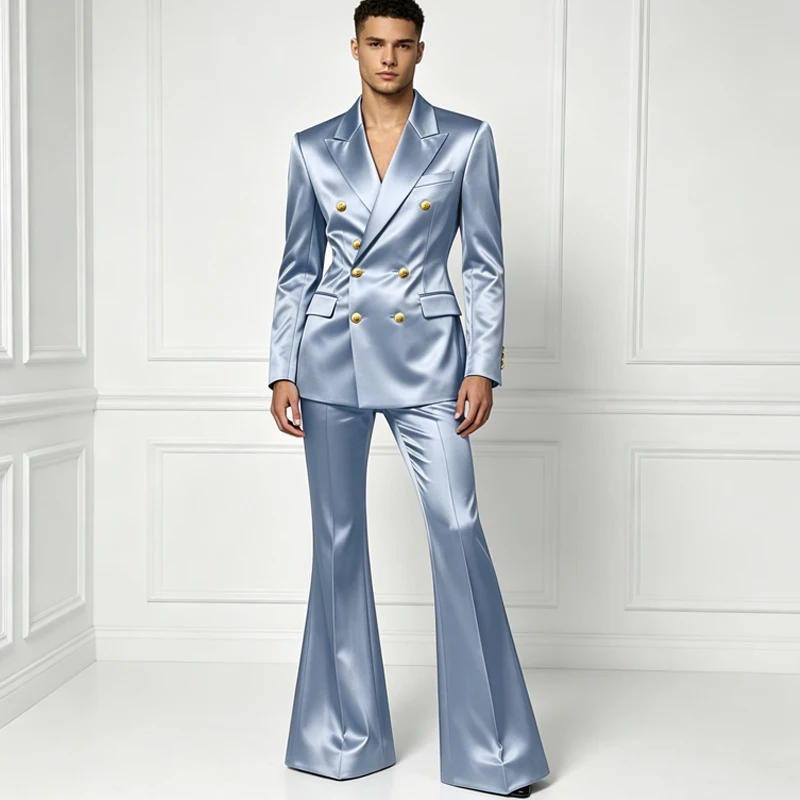 Men's Satin Suit Set 2 Piece Notch Lapel Double Breasted Gold Button Blazer Flare Pants Formal Wedding Prom Party Groom Outfit