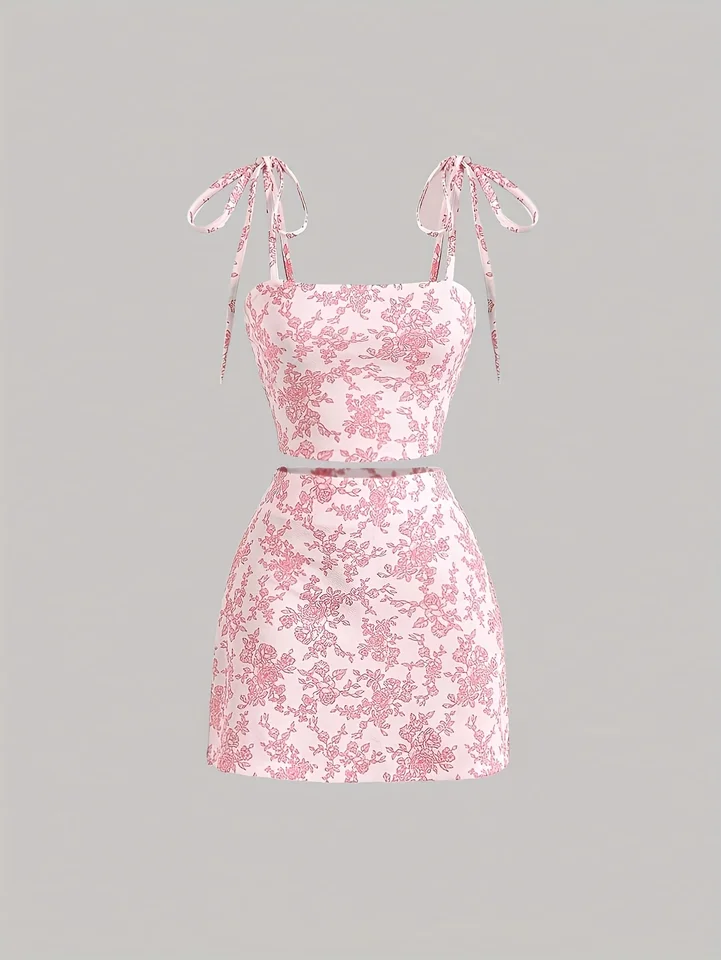 Spring and Summer New Women's Skirt Set, European and American Style, Fashionable, Sweet, Stylish, Elegant, Camisole Top, Mini Skirt, A-Line Skirt, Floral Print Women's 2-Piece Set