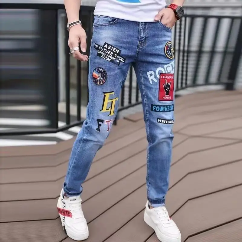New Jeans Slim Streetwear 90s Hip Hop Skinny Graphic Designer Clothes Original Cowboy Casual Stretch Embroidery Trousers for Men - Image 2